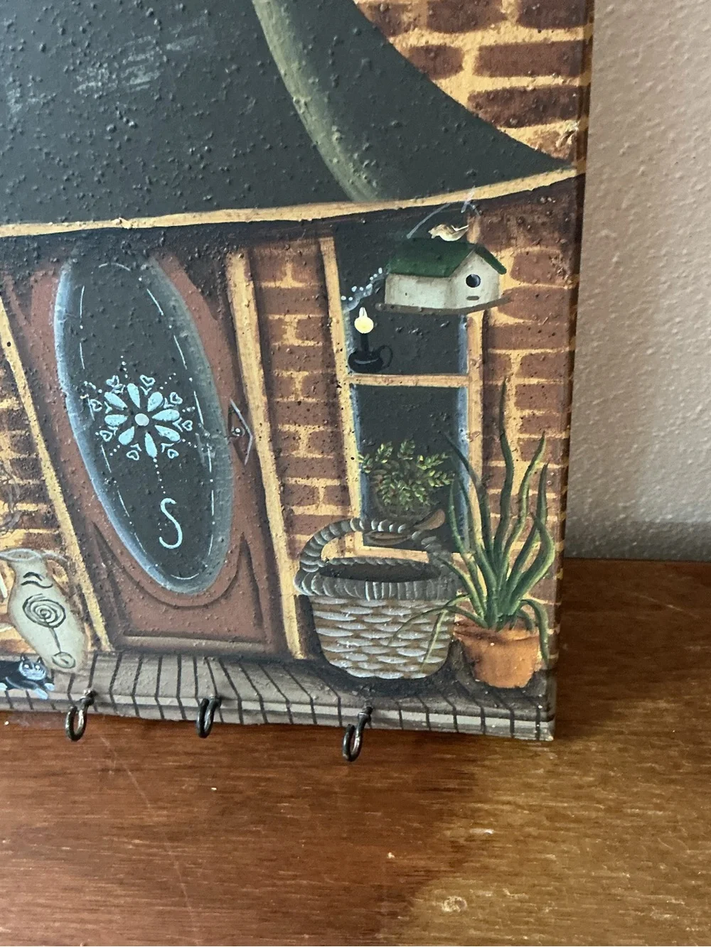 HandPainted Wooden House KEY HOLDER Wall Hanging Decor 4Hooks Blue Country House